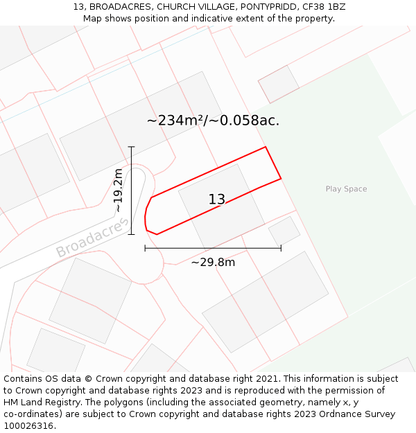 13, BROADACRES, CHURCH VILLAGE, PONTYPRIDD, CF38 1BZ: Plot and title map