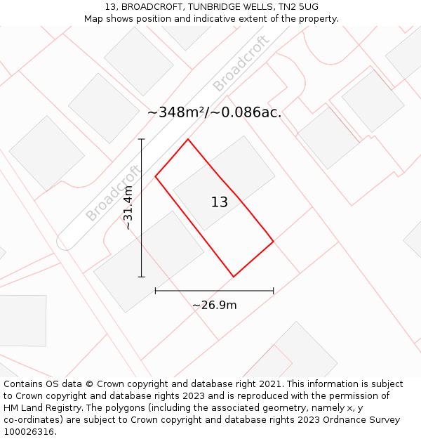 13, BROADCROFT, TUNBRIDGE WELLS, TN2 5UG: Plot and title map