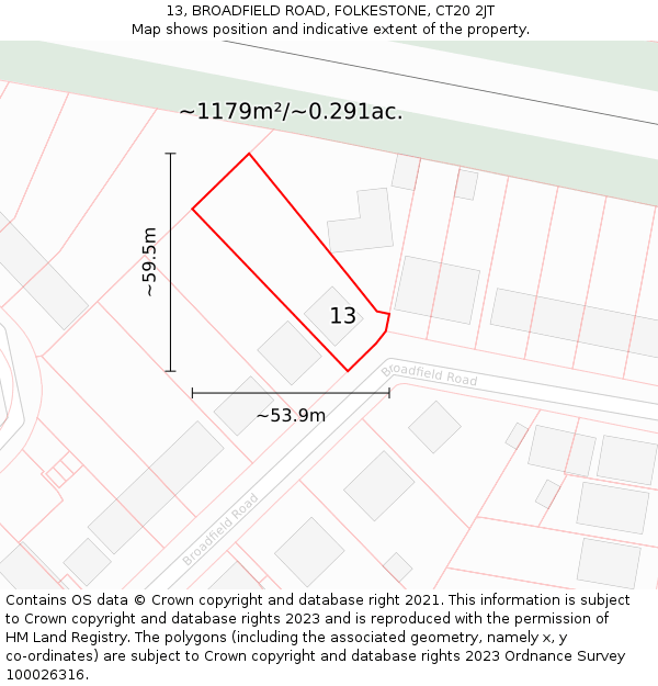 13, BROADFIELD ROAD, FOLKESTONE, CT20 2JT: Plot and title map