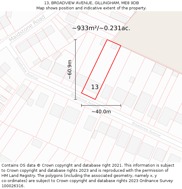 13, BROADVIEW AVENUE, GILLINGHAM, ME8 9DB: Plot and title map