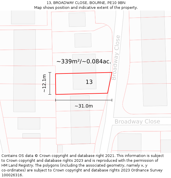 13, BROADWAY CLOSE, BOURNE, PE10 9BN: Plot and title map