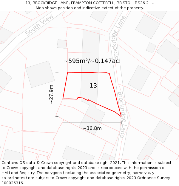 13, BROCKRIDGE LANE, FRAMPTON COTTERELL, BRISTOL, BS36 2HU: Plot and title map