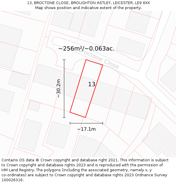 13, BROCTONE CLOSE, BROUGHTON ASTLEY, LEICESTER, LE9 6XX: Plot and title map