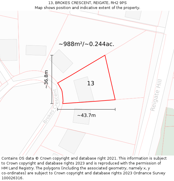 13, BROKES CRESCENT, REIGATE, RH2 9PS: Plot and title map