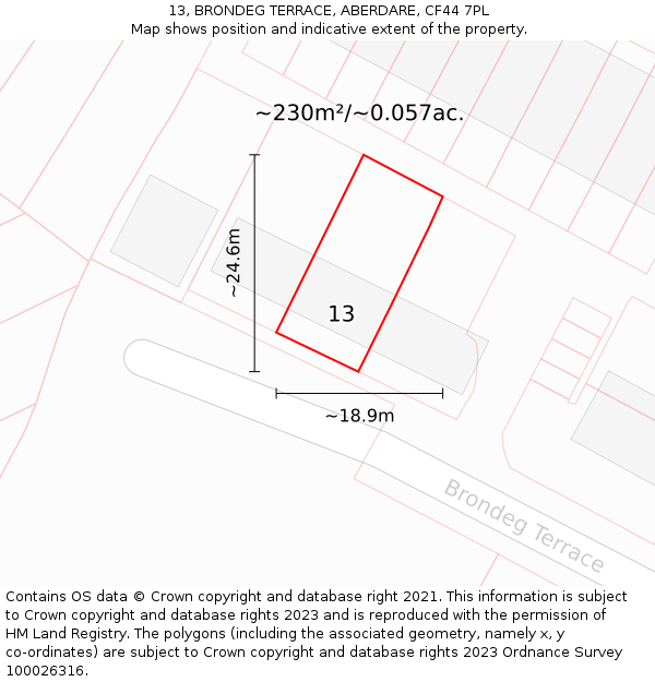 13, BRONDEG TERRACE, ABERDARE, CF44 7PL: Plot and title map