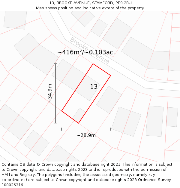 13, BROOKE AVENUE, STAMFORD, PE9 2RU: Plot and title map