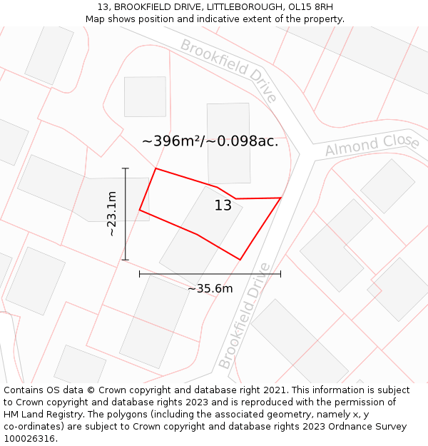 13, BROOKFIELD DRIVE, LITTLEBOROUGH, OL15 8RH: Plot and title map