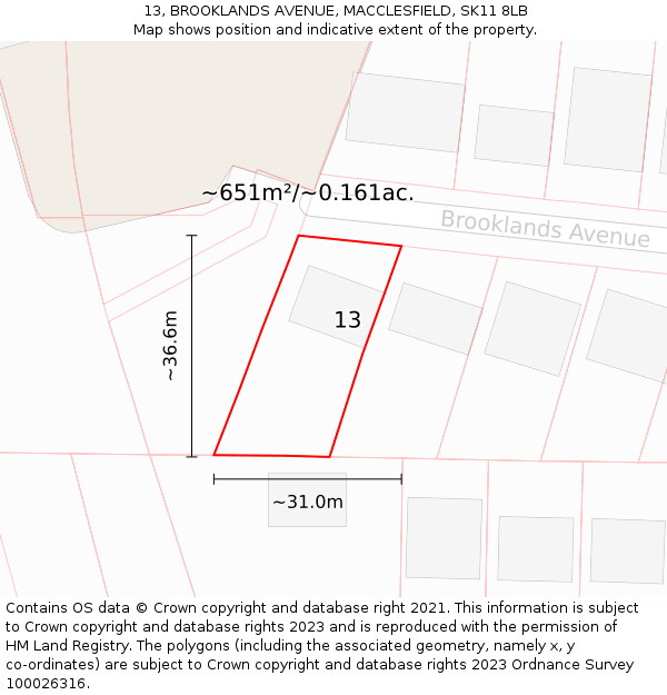 13, BROOKLANDS AVENUE, MACCLESFIELD, SK11 8LB: Plot and title map