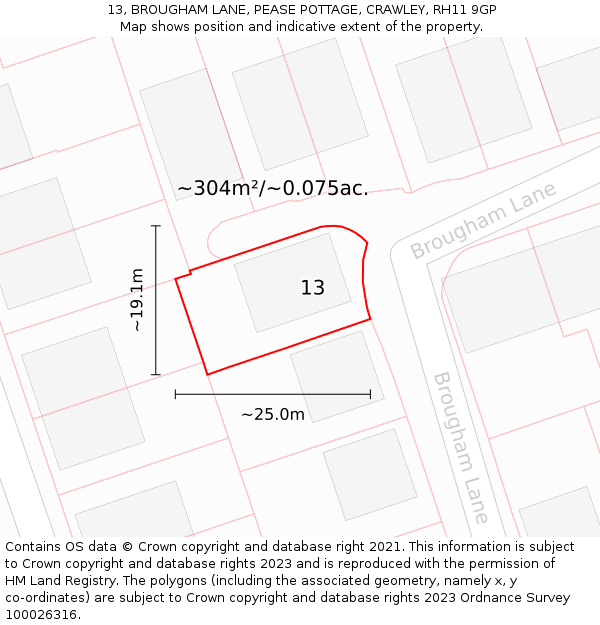 13, BROUGHAM LANE, PEASE POTTAGE, CRAWLEY, RH11 9GP: Plot and title map