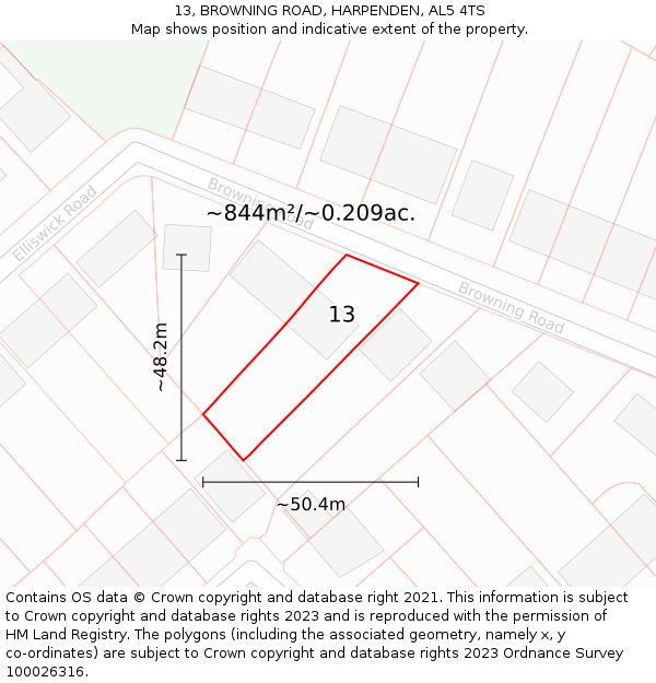 13, BROWNING ROAD, HARPENDEN, AL5 4TS: Plot and title map