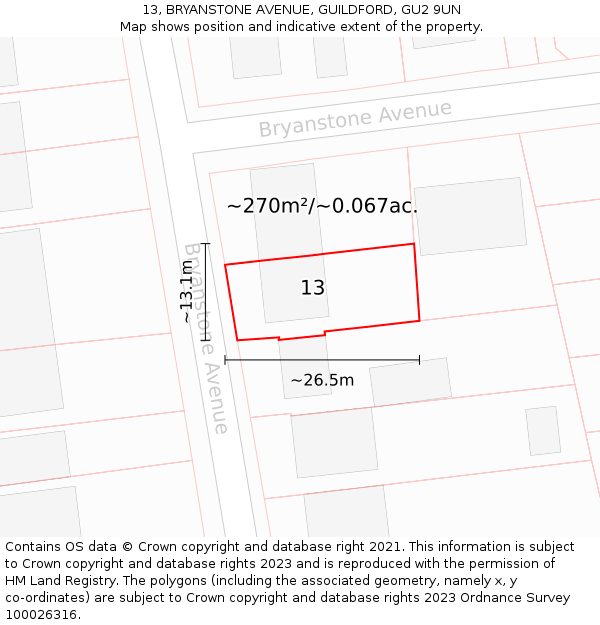 13, BRYANSTONE AVENUE, GUILDFORD, GU2 9UN: Plot and title map