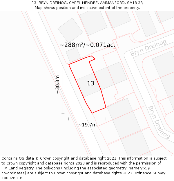 13, BRYN DREINOG, CAPEL HENDRE, AMMANFORD, SA18 3RJ: Plot and title map