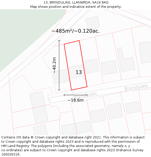 13, BRYNDULAIS, LLANWRDA, SA19 8AG: Plot and title map
