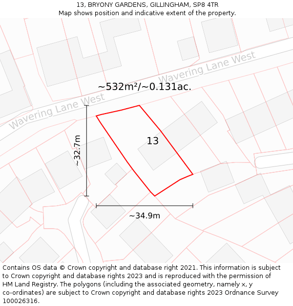 13, BRYONY GARDENS, GILLINGHAM, SP8 4TR: Plot and title map