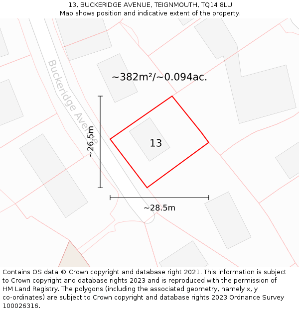 13, BUCKERIDGE AVENUE, TEIGNMOUTH, TQ14 8LU: Plot and title map