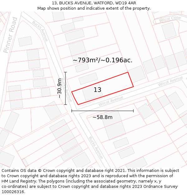 13, BUCKS AVENUE, WATFORD, WD19 4AR: Plot and title map