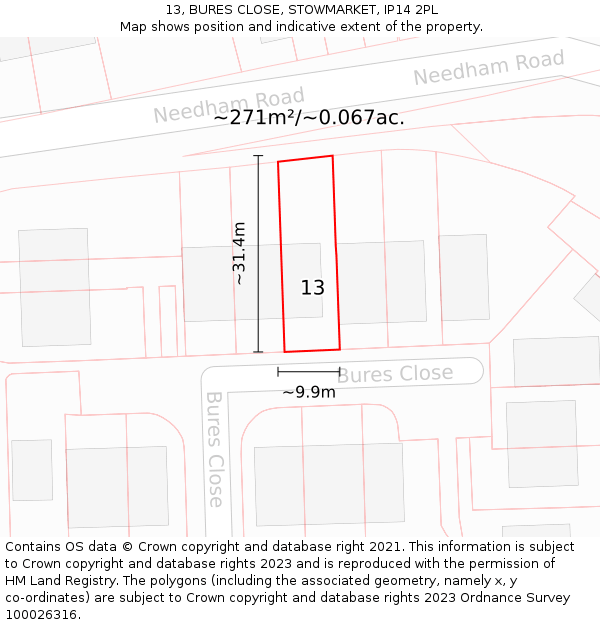 13, BURES CLOSE, STOWMARKET, IP14 2PL: Plot and title map