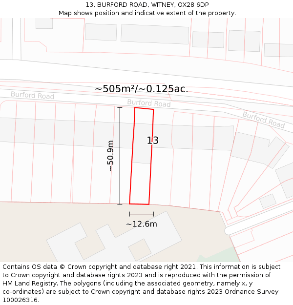 13, BURFORD ROAD, WITNEY, OX28 6DP: Plot and title map