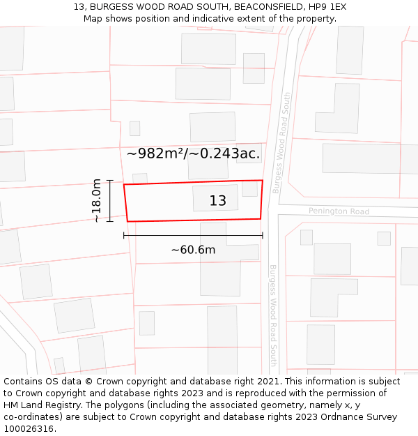 13, BURGESS WOOD ROAD SOUTH, BEACONSFIELD, HP9 1EX: Plot and title map