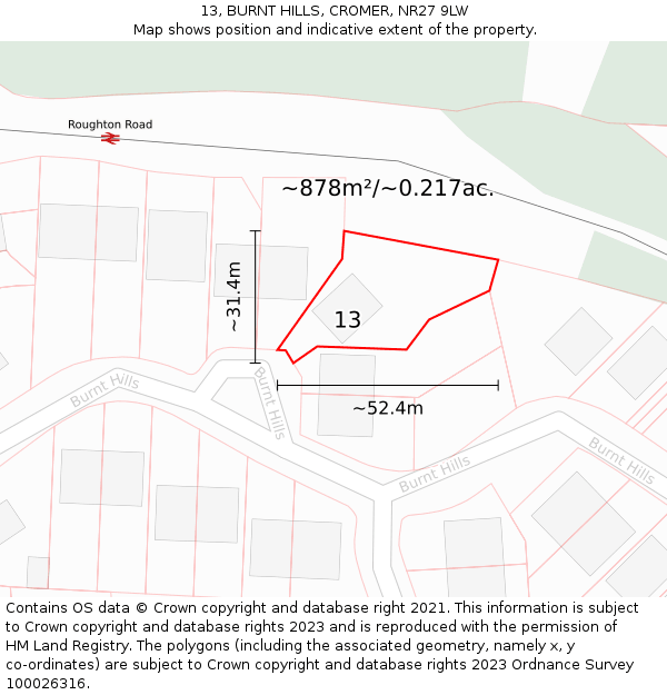 13, BURNT HILLS, CROMER, NR27 9LW: Plot and title map