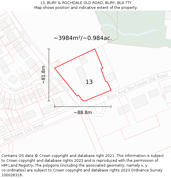 13, BURY & ROCHDALE OLD ROAD, BURY, BL9 7TY: Plot and title map