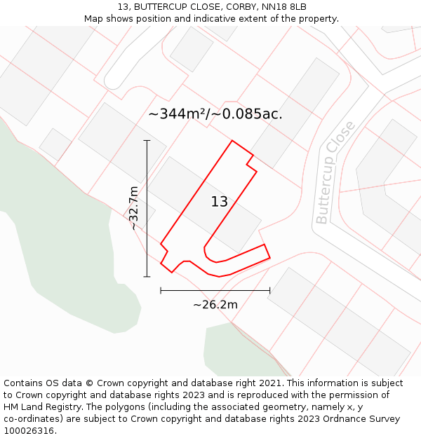 13, BUTTERCUP CLOSE, CORBY, NN18 8LB: Plot and title map