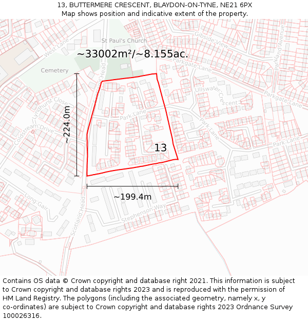 13, BUTTERMERE CRESCENT, BLAYDON-ON-TYNE, NE21 6PX: Plot and title map