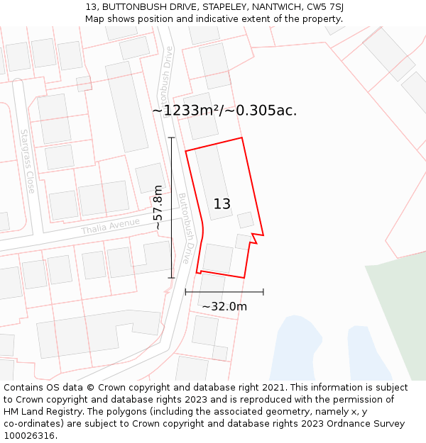 13, BUTTONBUSH DRIVE, STAPELEY, NANTWICH, CW5 7SJ: Plot and title map