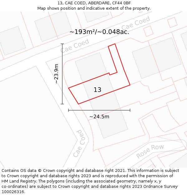 13, CAE COED, ABERDARE, CF44 0BF: Plot and title map