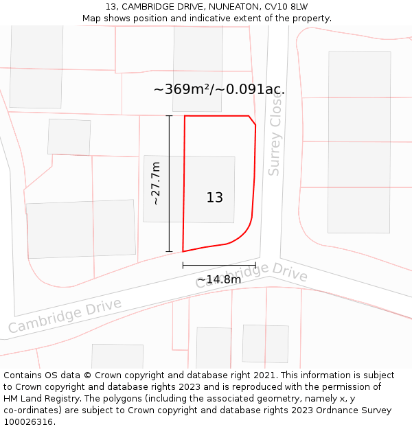 13, CAMBRIDGE DRIVE, NUNEATON, CV10 8LW: Plot and title map