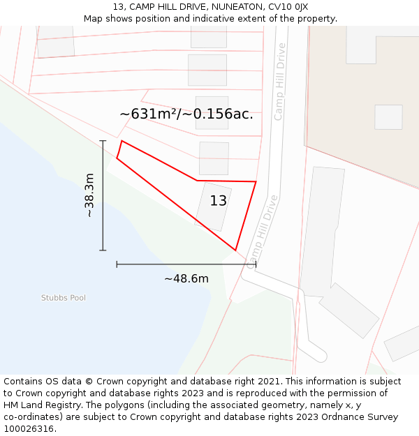 13, CAMP HILL DRIVE, NUNEATON, CV10 0JX: Plot and title map