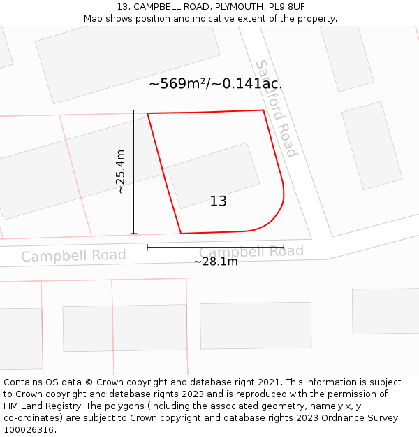 13, CAMPBELL ROAD, PLYMOUTH, PL9 8UF: Plot and title map