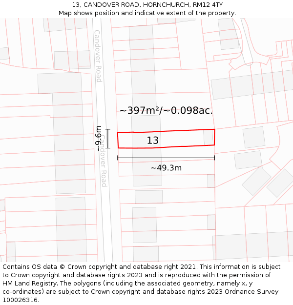 13, CANDOVER ROAD, HORNCHURCH, RM12 4TY: Plot and title map