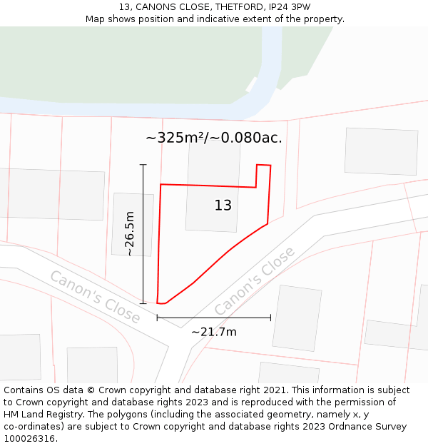 13, CANONS CLOSE, THETFORD, IP24 3PW: Plot and title map