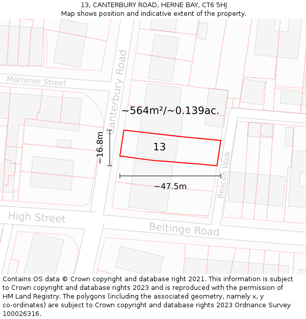 13, CANTERBURY ROAD, HERNE BAY, CT6 5HJ: Plot and title map