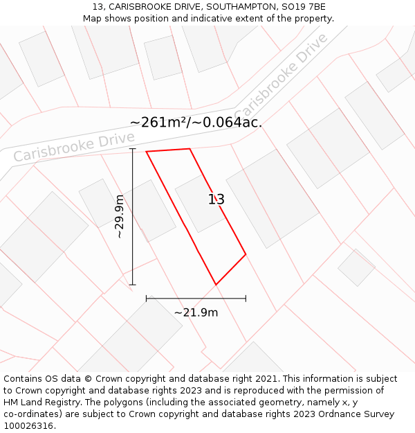 13, CARISBROOKE DRIVE, SOUTHAMPTON, SO19 7BE: Plot and title map