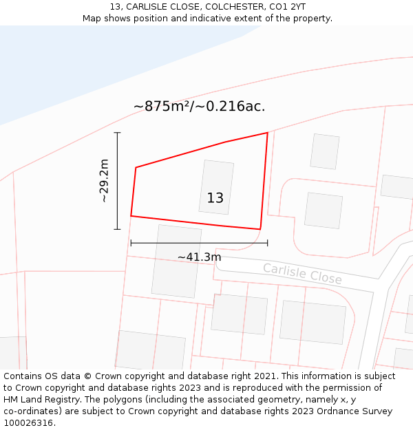 13, CARLISLE CLOSE, COLCHESTER, CO1 2YT: Plot and title map
