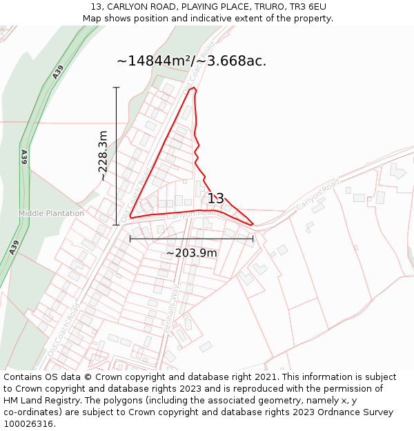 13, CARLYON ROAD, PLAYING PLACE, TRURO, TR3 6EU: Plot and title map