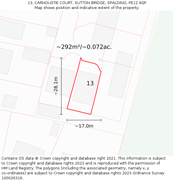 13, CARNOUSTIE COURT, SUTTON BRIDGE, SPALDING, PE12 9QP: Plot and title map