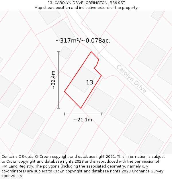 13, CAROLYN DRIVE, ORPINGTON, BR6 9ST: Plot and title map