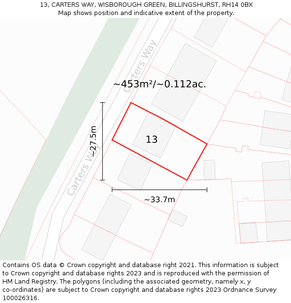 13, CARTERS WAY, WISBOROUGH GREEN, BILLINGSHURST, RH14 0BX: Plot and title map