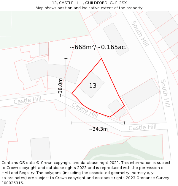 13, CASTLE HILL, GUILDFORD, GU1 3SX: Plot and title map