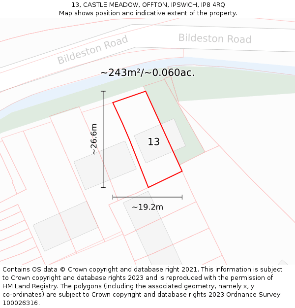 13, CASTLE MEADOW, OFFTON, IPSWICH, IP8 4RQ: Plot and title map