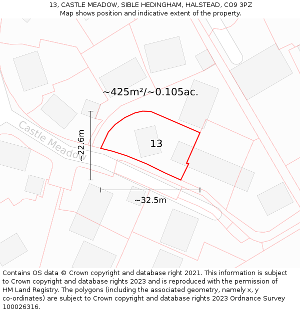 13, CASTLE MEADOW, SIBLE HEDINGHAM, HALSTEAD, CO9 3PZ: Plot and title map