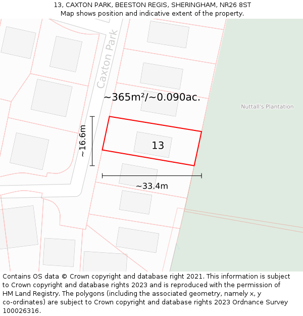 13, CAXTON PARK, BEESTON REGIS, SHERINGHAM, NR26 8ST: Plot and title map