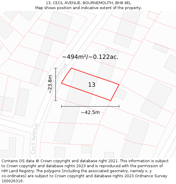 13, CECIL AVENUE, BOURNEMOUTH, BH8 9EL: Plot and title map