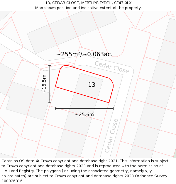 13, CEDAR CLOSE, MERTHYR TYDFIL, CF47 0LX: Plot and title map