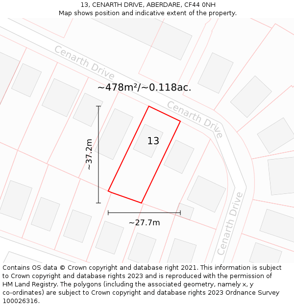 13, CENARTH DRIVE, ABERDARE, CF44 0NH: Plot and title map