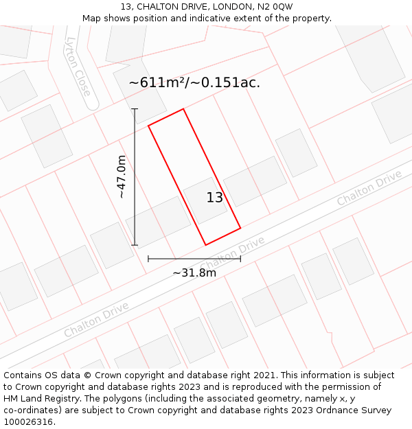 13, CHALTON DRIVE, LONDON, N2 0QW: Plot and title map