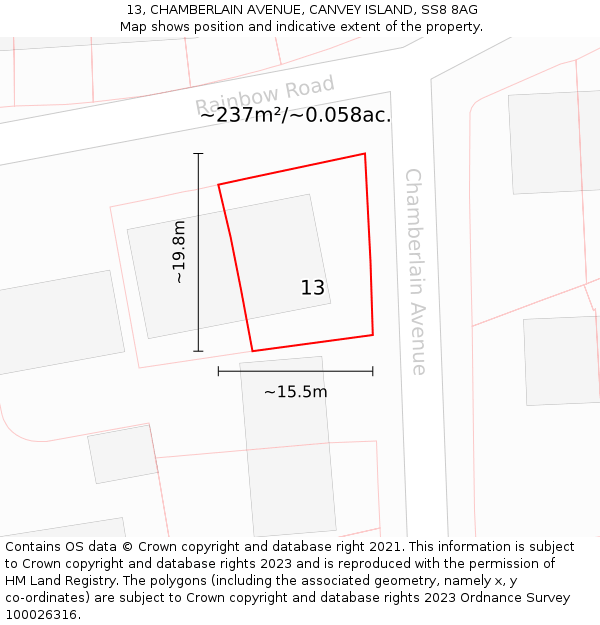 13, CHAMBERLAIN AVENUE, CANVEY ISLAND, SS8 8AG: Plot and title map